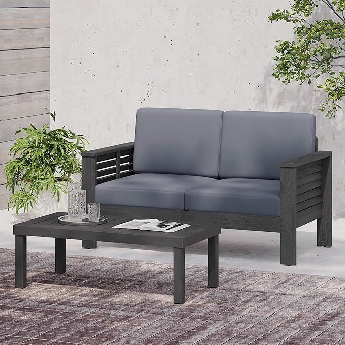 Merax Outdoor Acacia Wood Loveseat and Coffee Table Patio Conversation Set with Cushions