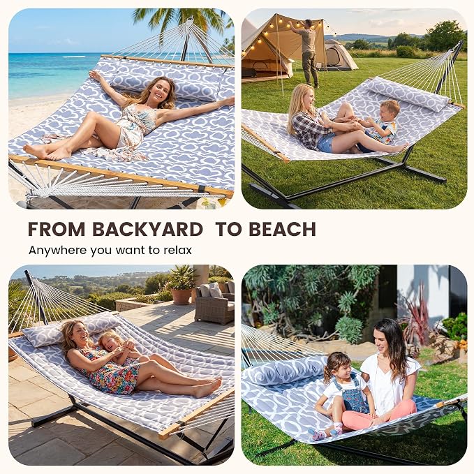 ANAGOO Double Hammock with Stand, Heavy Duty Outdoor Hammock for Two, 500 LBS Capacity, Stable Steel Frame with Balance Strap, Easy Tool-Free Assembly for Patio, Garden, Backyard & Beach,White Grey
