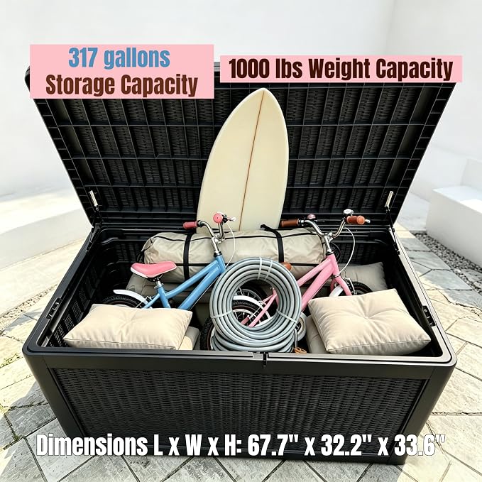 MAKINO 317 Gallon Large Resin Outdoor Storage Box, Waterproof Deck Box, Lockable Deck Container with Reinforced Support, Outdoor Chest for Patio Accessories, Outdoor Cushions, Garden Tools, Black