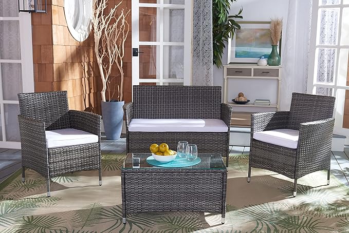 SAFAVIEH Outdoor Collection Bandele Grey Brown/White Cushion 4-Piece Conversation Patio Set PAT7506C