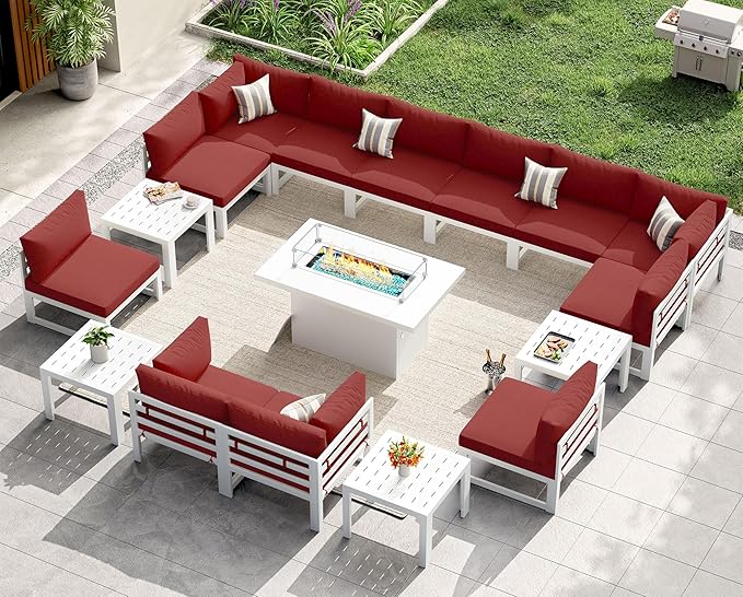 NICESOUL 12 People Large Luxury Aluminum Outdoor Sectional Sofa, L Shaped Modular Patio Furniture Set with Fire Pit Table & Side Table, 500 lbs Heavy Duty Conversation Couch for Poolside, Burgundy