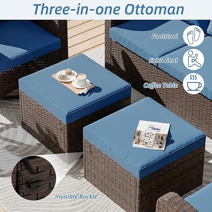 HOMREST 3 Piece Outdoor Swivel Chairs -All Weather Wicker Patio Bistro Table and Chairs Set of 2 Small Patio Furniture Set for Balcony Porch Deck Backyard (Navy)