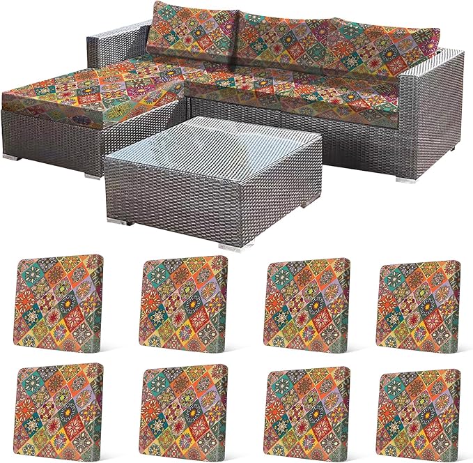 CALBODE 8Pcs Stretch Patio Cushion Cover, Bohemian Colored Geometric Pattern Couch Covers for Patio Furniture Cushions Washable Reusable Couch Covers Replacement for Fall Winter(Cover Only)