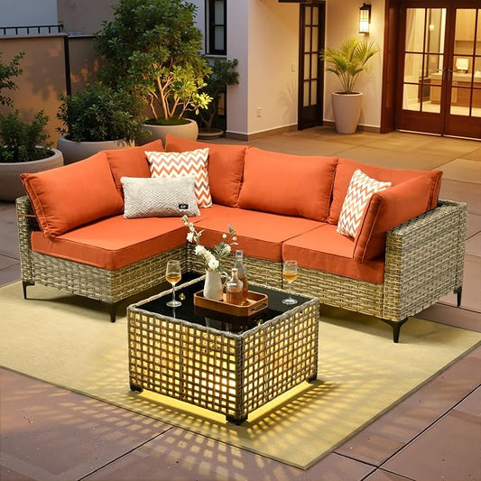 5 Pieces Patio Sectional Furniture Set, Outdoor Wicker Sectional Couch with Solar Lights Table, Modern Conversation Set for Porch Balcony Backyard, Red