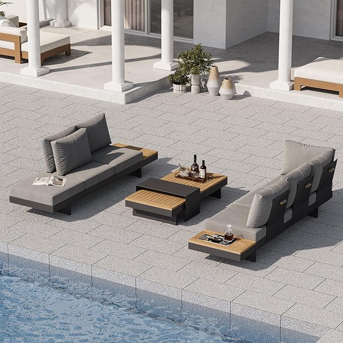 homary Outdoor Conversation Sets, 6 Piece Aluminum & Teak Patio Sectional Sofa Set with Adjustable Backrests, Waterproof Cushions, Ideal for Patios & Balconies | Outdoor Materials, Fade Resistant, Modular design