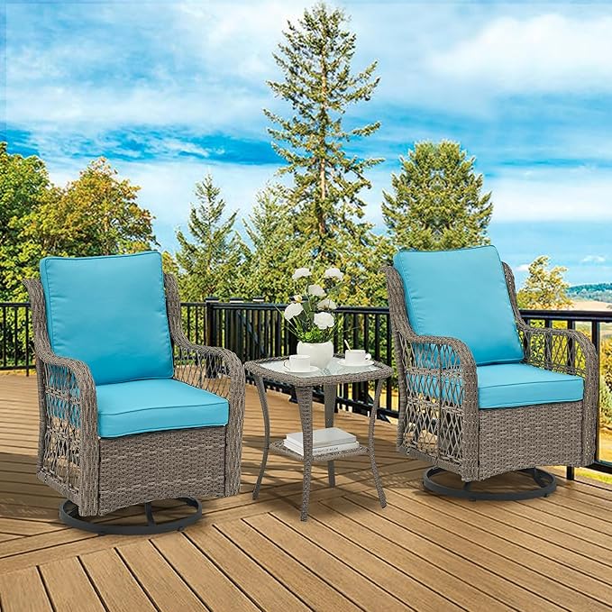 GarveeHome 3 Piece Outdoor Patio Set, Wicker Rocking Bistro Set with 2 Swivel Chairs & Tempered Glass Top Table, Rattan Outdoor Furniture with Cushions for Patio Porch Backyard