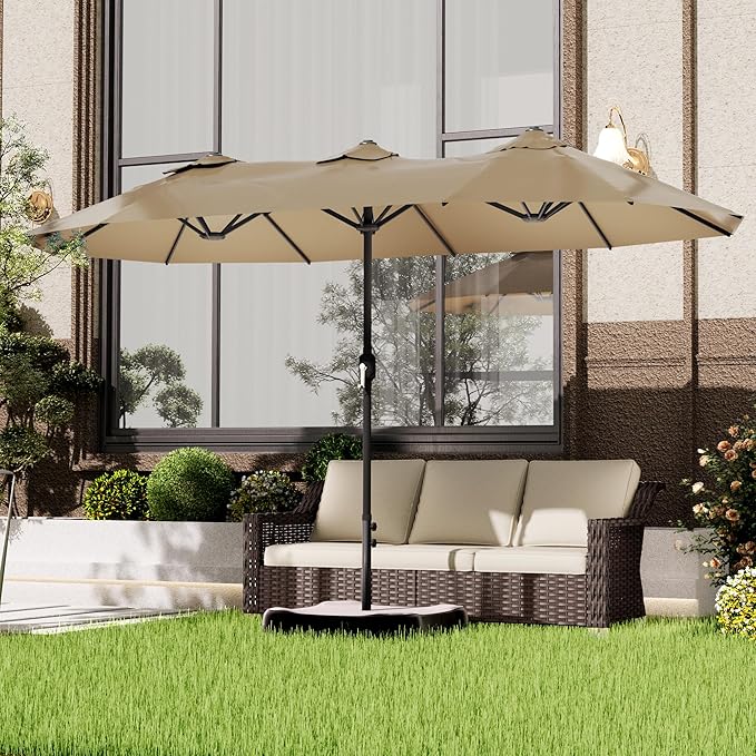 12.5ft Outdoor Patio Umbrella, Double-sided Pool Umbrella with Crank Handle, Large Umbrella for Garden, Backyard (Tan)