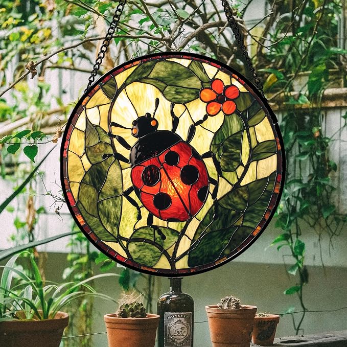 Stained Glass Window Hanging - Red Ladybug Green Plant Flower Sun Catcher for Door Home Decor Insect Suncatcher Christmas Mother's Day Birthday Gifts for Women Men Mom Nana 15 in