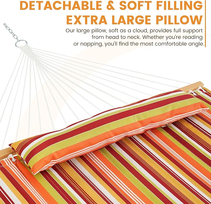 Lazy Daze Hammocks 12 FT Quilted Fabric Double Hammock with Spreader Bars and Detachable Pillow, 450lbs Weight Capacity, Vivid Stripe