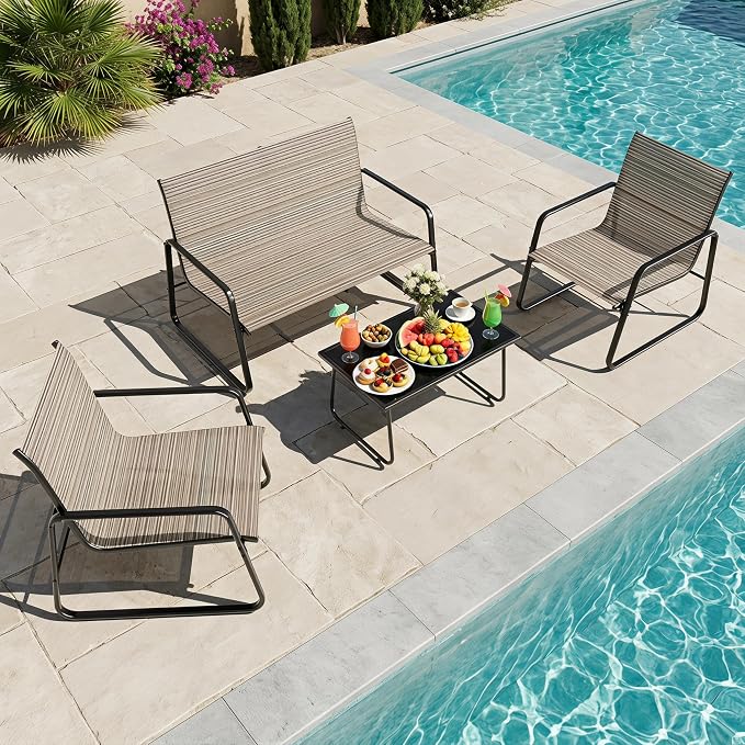 Gotland 4-Piece Outdoor Patio Furniture Set, Textilene Fabric Metal Patio Conversation Set with Loveseat 2 Chairs Tempered Glass Coffee Table, Patio Set for Backyard, Lawn, Porch, Pool, Garden, Brown