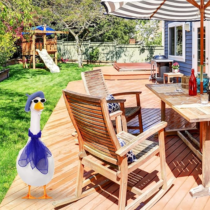 Yaomiao 3 Pcs 50s French Porch Goose Outfit Set for 23'' 17'' Cement Lawn Goose Costume Beret Hat for Carnival Statue Decor(Blue)