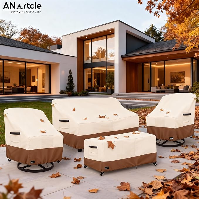 ANartcle Patio Furniture Covers 4 Piece Set, 600D Waterproof Heavy Duty Outdoor Furniture Covers,Fit Wicker Patio Sofa, Swivel Rocker Chair and Coffee Table,Beige&Brown
