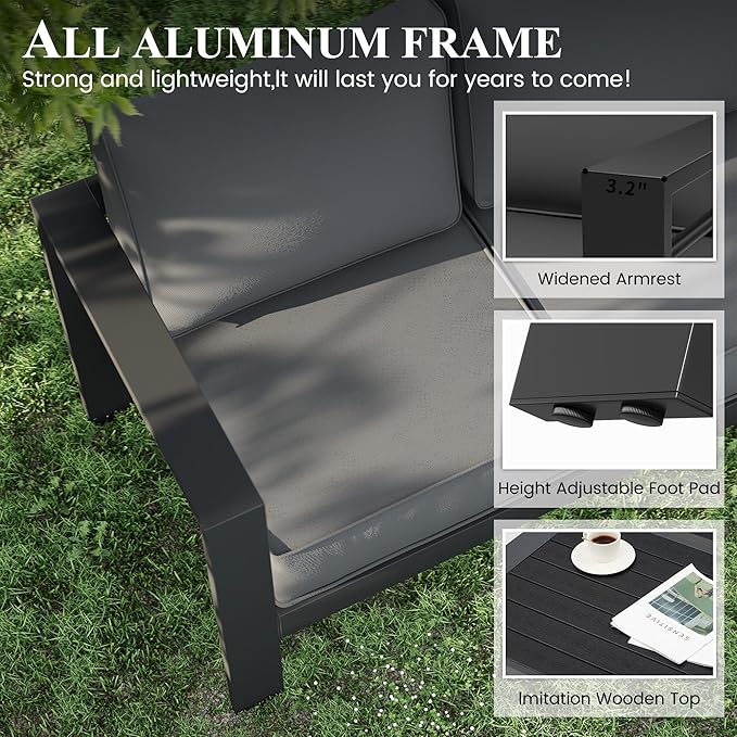 Aluminum Patio Furniture Set, Grey Metal Outdoor Furniture Set,6 Piece Patio Set with Waterproof Covers for Backyard Garden