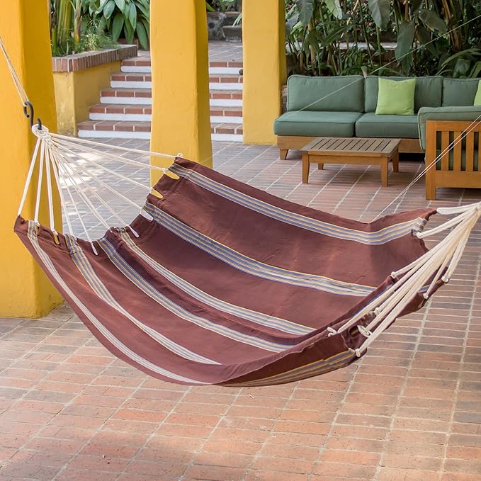 NOVICA Brown Cotton and Fabric Woven Hammock, 'Coffee Break' (Single)