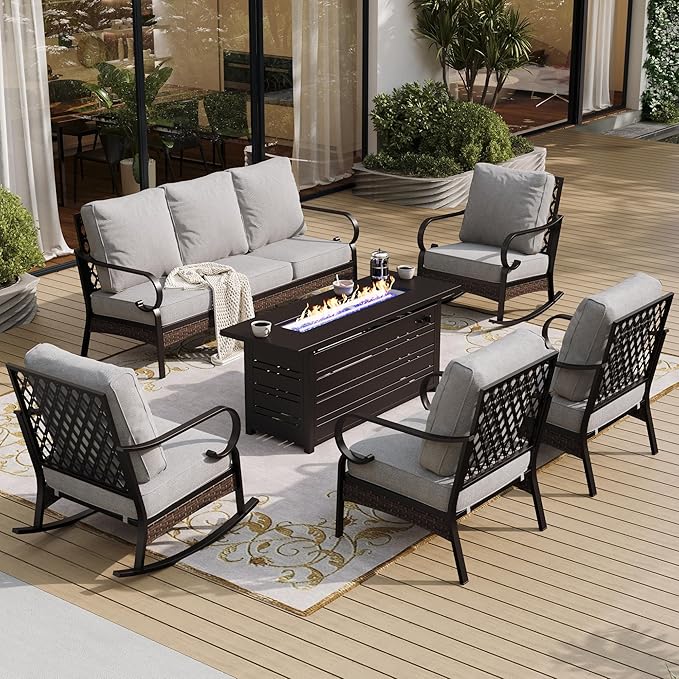 6 Piece Black Metal Outdoor Patio Furniture Set with Firepit Table, Patio Conversation Sets 1 3-Seater Couch, 2 Sofa, 2 Rocking Sofa with 5.75" Cushion for Backyard Deck, Light Gray