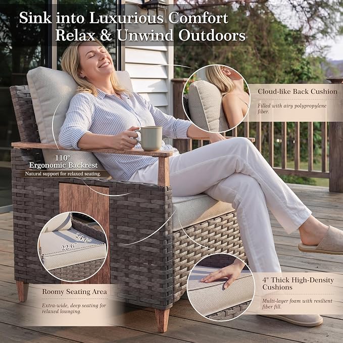 Nestnook 4 Pieces Patio Furniture Set, Outdoor Conversation Set with All-Weather Handwoven PE Wicker Sofa, Rattan Chairs and Thick Cushion, Loveseat & Coffee Table for Backyard, Deck & Poolside, Beige