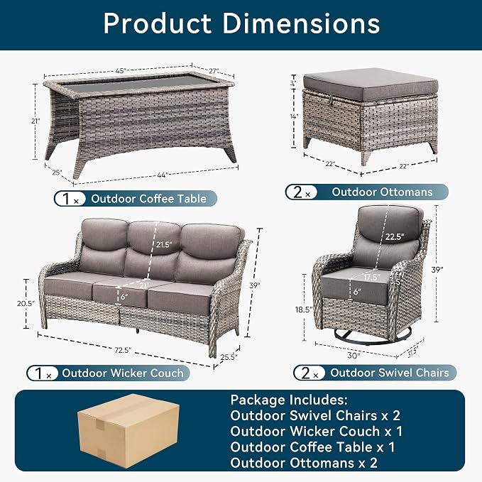 Luxury High Back Outdoor Furniture with 6-Inch Thick Cushions, Patio Furniture Set with Swivel Chairs, 6 PCS Wicker Conversation Set for Porch, Balcony, Deck and Yard