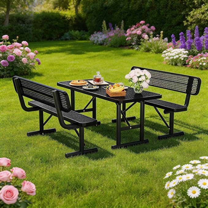 6FT Outdoor Metal Picnic Table with 2 Benches,Heavy Duty Rectangular Picnic Table Set for Outside, Waterproof Commercial Restaurant Table Furniture for Park, Campfield, Patio, Garden, Yard