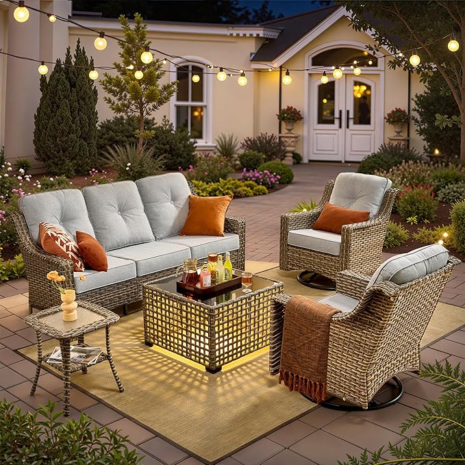 HOOOWOOO Patio Furniture Set,5 Pieces Wicker Outdoor Furniture,High Back Conversation Set with All Weather Resistant Solar Light Table Couch Swivel Chairs,Light Gray
