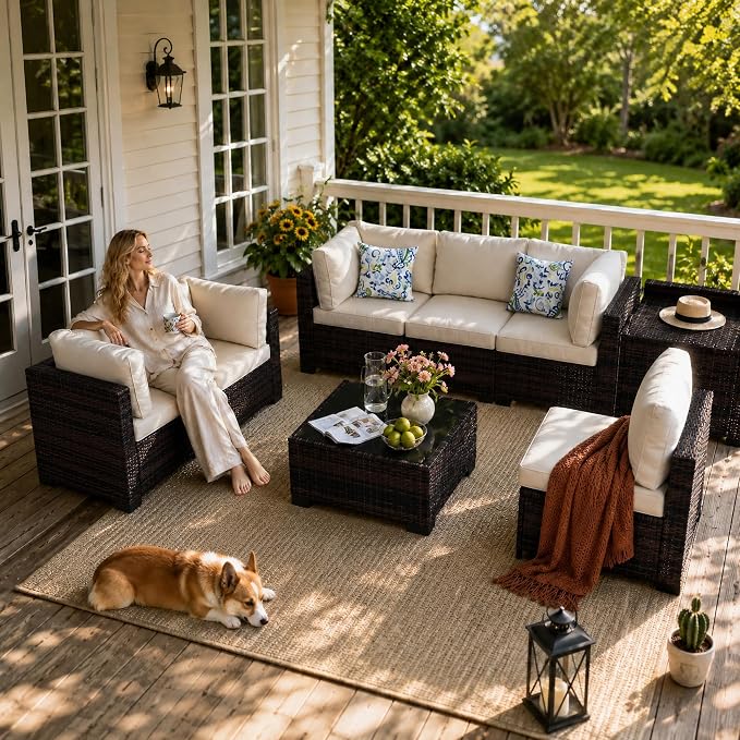 8-Piece Modular Patio Furniture Set with Storage Box Outdoor Sectional Sofa | Patio Conversation Set with Coffee Table, PE Rattan Wicker Couch with Waterproof Cushions for Backyard, Deck & Porch, Beige