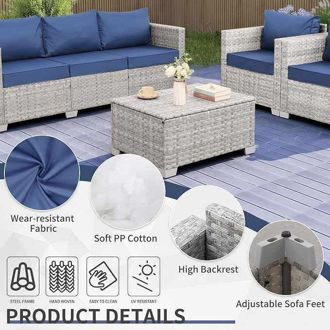 WAROOM Patio Furniture Set 4 Piece Outdoor Wicker Conversation Sets PE Rattan Couch Sectional Sofa with Storage Table, Navy Blue Cushion