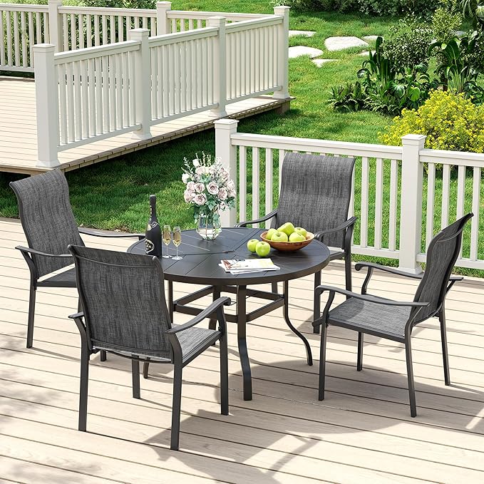 UDPATIO 5 Piece Patio Dining Set for 4, Outdoor Patio Table and Chairs Set, 39" Black Round Table with Umbrella Hole, Gray Patio Chairs, Patio Table with Chairs Outdoor Dining Set for Lawn, Backyard