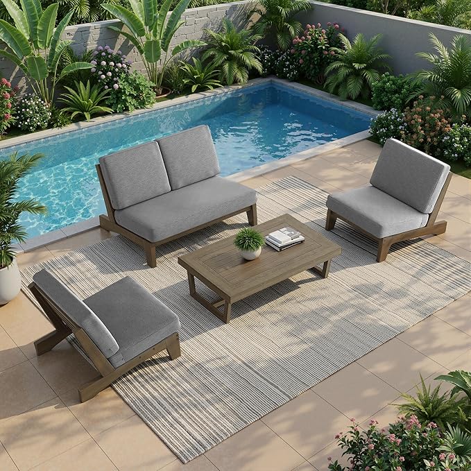 UIXE All Weather Patio Furniture Sets, 4 Pieces Teak Wood Outdoor Sectional Futniture Patio Sofa Chair Backyard Conversation Set with Solid Wooden Coffee Table - Light Gray