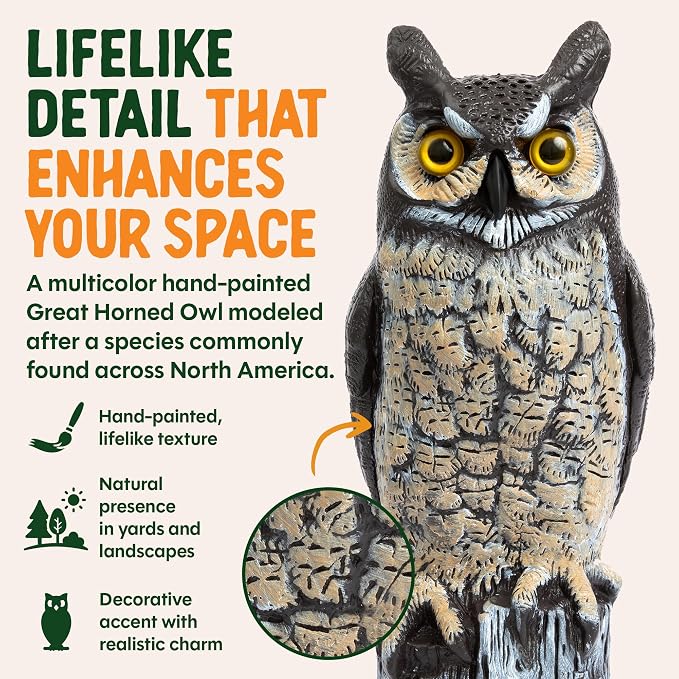 Dalen Lifelike Great Horned Owl Decoy Bird Repellent - 16in Hand-Painted Scarecrow for Gardens & Rooftops, Owl Bird Deterrent, Fixed-Head Design, Fill Base with Sand/Gravel Only - Multicolor