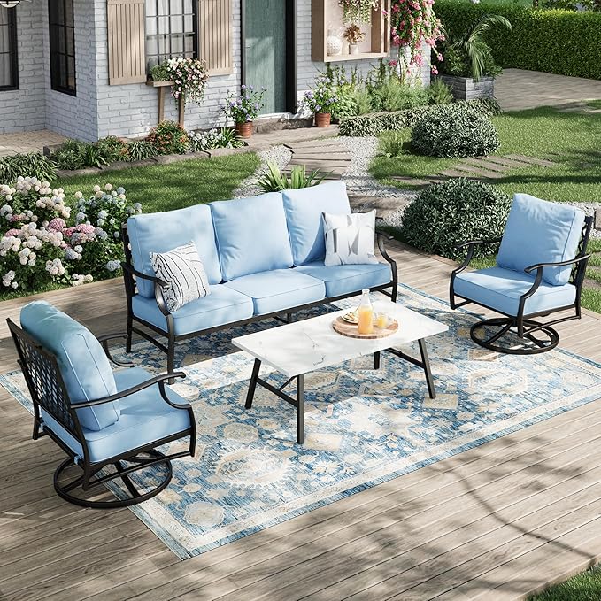 Patio Furniture Set 4 pcs, Metal Outdoor Patio Furniture, 3-Seat Sofa, 2 Swivel Chairs, Coffee Table and 5.75" Extra Thick Cushion, Patio Conversation Set for Garden Backyard Deck,Blue