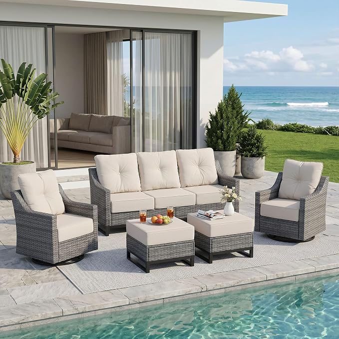 5 Piece Patio Furniture Set,360°Swivel Glider Patio Chairs Set of 2,Sofa and 2 Ottomans,All-Weather Wicker Patio Set Comfortable Seating with 6 Inch Thick Cushions for Porch Deck Balcony Garden