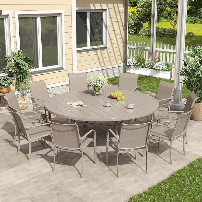 VICLLAX 63" Outdoor Patio Dining Table for 8-10, Metal Round Table with Umbrella Hole for Deck Lawn Garden Backyard, Sandshell