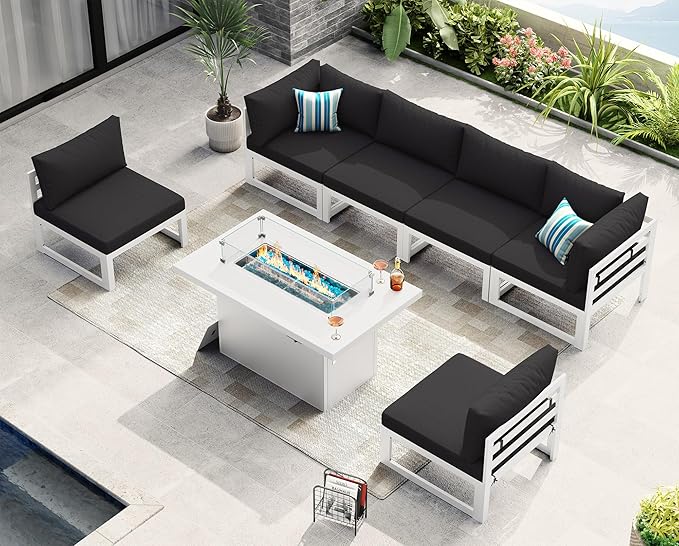 NICESOUL 7 Piece Luxury Aluminum Outdoor Sectional Sofa with Fire Pit Table, Oversized L Shaped Patio Furniture Set, 29" Deep Wide Seating, 500 lbs Heavy Duty Conversation Set for Backyard Deck, Black