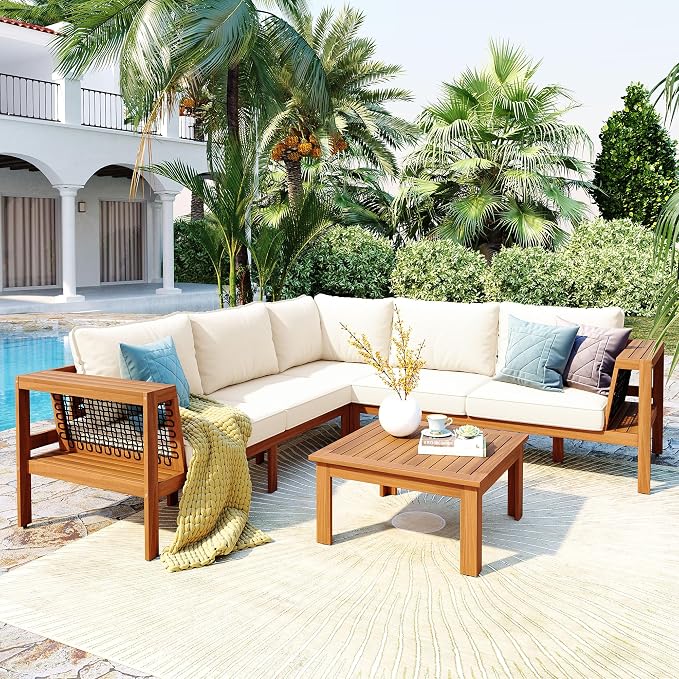 Merax 4 Pieces Patio Furniture Set, Outdoor L-Shaped Sectional Sofa Set with Coffee Table, Acacia Wood Conversation Seating & Thick Cushions and Side Table, for Backyard, Garden and Poolside, Beige