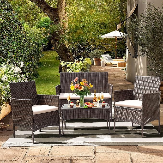 Greesum 4 Pieces Wicker Rattan Patio Furniture Sets with Loveseat, Chairs, Table and 3 Pieces Rocking Bistro Set with Porch Chairs, Coffee Table