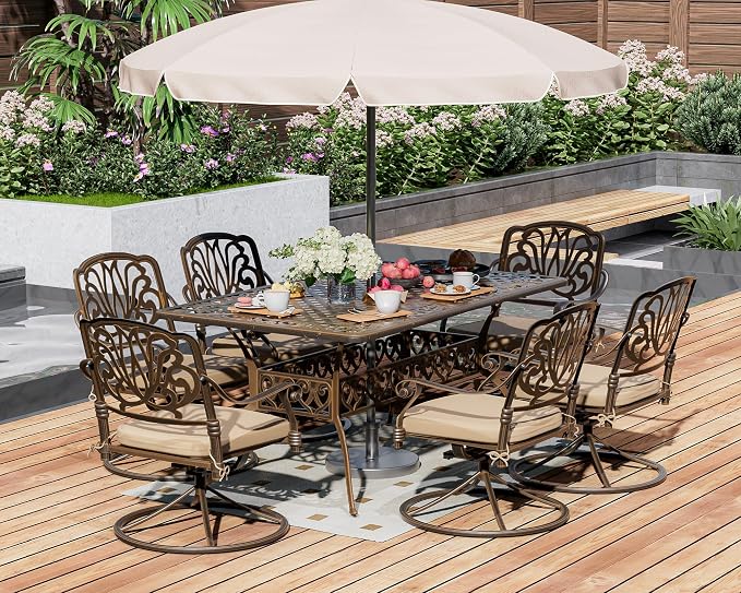 TITIMO 7-Piece Cast Aluminum Patio Dining Set, Outdoor Dining Furniture Patio Conversation Set, Rectangular Table w/Umbrella Hole for Backyard Deck (Khaki-Swivel Elizabeth Chair, 7 Pcs)