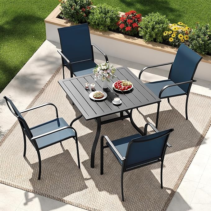 Crownland 5 Piece Patio Dining Set, Outdoor Textilene Dining Sets, 4 Textilene Metal Chairs and Square Outdoor Dining Table with 1.57" Umbrella Hole (Blue)