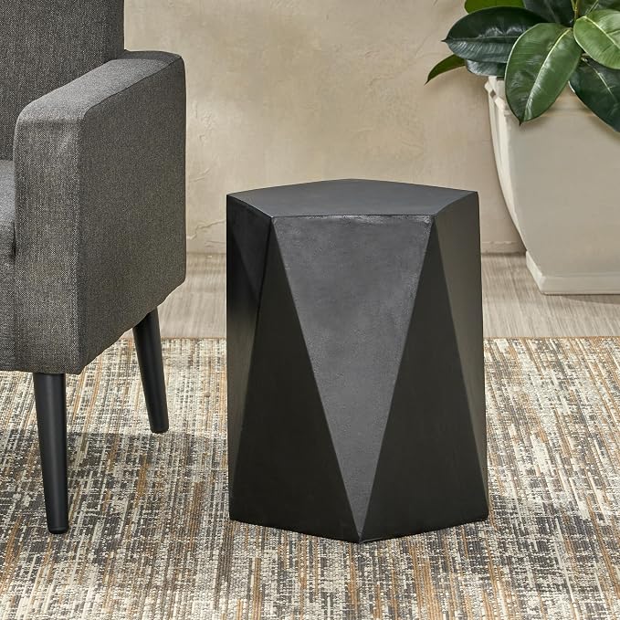 Outdoor Side Table Concrete Side Table Pentagonal End Tables Small Stone Coffee Tables Patio Garden Stool Plant Stand for Porch, Backyard Balcony,Weather Resistant, 16",Black