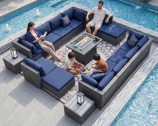 NICESOUL 15 Piece Patio Furniture with Fire Pit, Heavy Duty Wicker Outdoor Sectional with Firepit Table, Big Large Sectional 12-Seats w/Firepit Propane/Natural Gas, Gray & Navy Blue