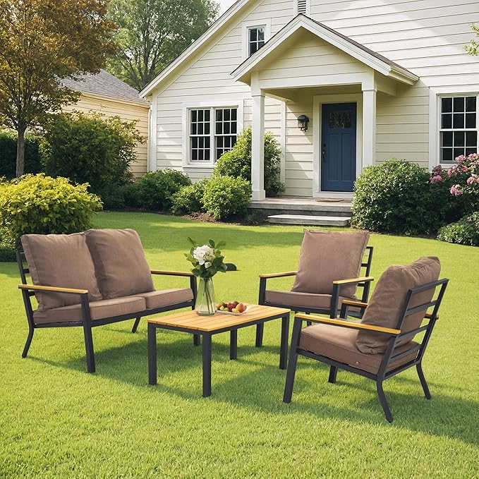 ivinta 4 Pieces Patio Furniture Sets with Coffee Table, Modern Wrought Iron Outdoor Conversation Sets with Removable Seating Cushion for Backyard Garden Porch, PF05 (Beige)