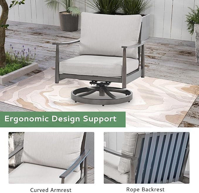 4 Pieces Patio Furniture Set, Aluminum Outdoor Patio Furniture Sets, 2 Swivel Chairs and 3 Seater Couch with Thick Cushion, Patio Conversation Set for Backyard Deck Poolside, Greige & Grey