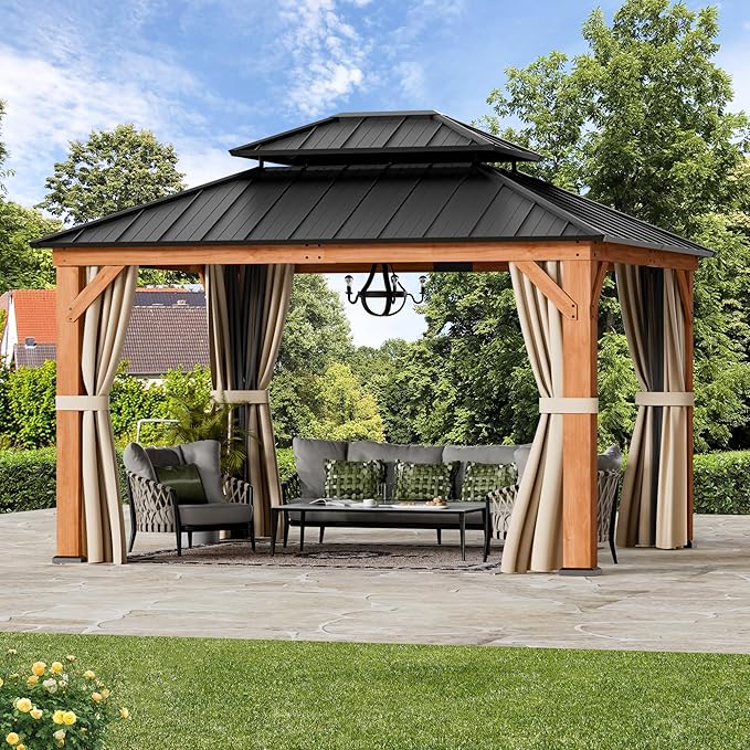 Modern Shade Rosewood Wood Gazebo 10' x 12', Permanent Hardtop Gazebo with Double Galvanized Steel Roof, Mosquito Netting and Yard-Dyed Curtains, Cedar Outdoor Gazebo with Sturdy Hooks for Backyard