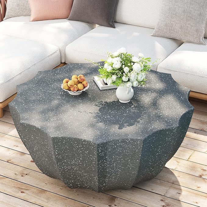 35.43" Faux Stone Coffee Table Round for Indoor or Outdoor Concrete Coffee Tables MgO Cement Center Tables for Living Room Patio Garden Backyard Balcony, Waterproof, Dark Grey Bowl
