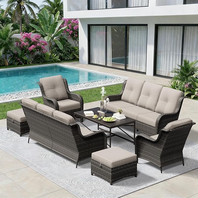 7 Piece Outdoor Wicker Patio Furniture Set, Patio Chairs Set with Thickened Olefin Cushions, High Back and Deep Seating, Hand-Woven PE Rattan, Ottoman for Porch, Deck