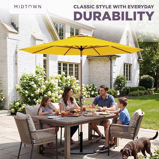 Midtown Umbrellas Wooden 2-10 Ft Patio Umbrella with 360° Swivel & Tilt Mechanism, 8 Fiberglass Ribs & Terylast Polyester Fabric for Deck, Pool, Garden & Porch - Sunflower Canopy, Wooden Pole