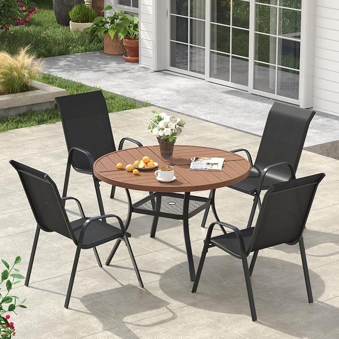 VICLLAX Round Outdoor Patio Dining Set for 4, Metal Slatted Patio Table with Umbrella Hole and 4 Stackable Patio Chairs for Deck Lawn Garden, Black Fabric and Walnut Tabletop