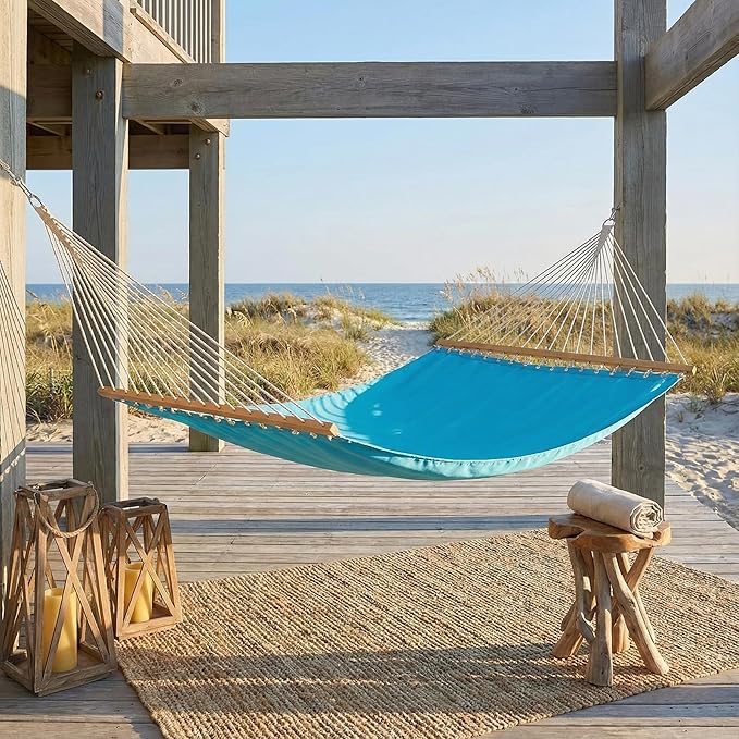 Fab Habitat Solid Recycled Polyester Hammock - Fargo - Blue - Indoor/Outdoor, Quick Dry, 2 Person 460 lbs Capacity - Patio, Poolside, Backyard, Garden, Beach, Balcony - 12-14 ft Adjustable