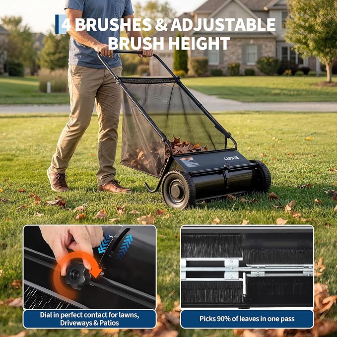 Garvee 26 Inch Push Lawn Sweeper, Walk Behind Leaf Grass Collector with 7 Cu ft Hopper Bag, Carbon Steel Frame, Yard Sweeper with Adjustable Brush Height for Garden Patio Driveway Leaves Cleanup