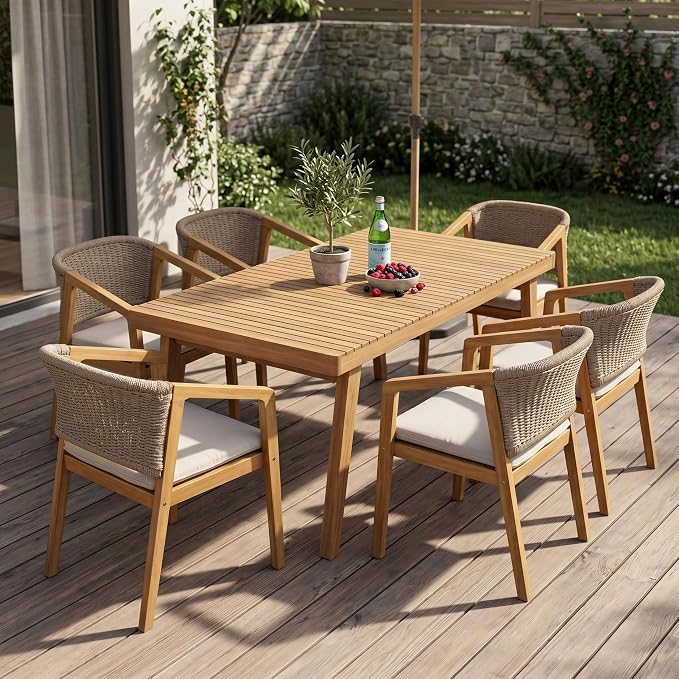 7-Piece Outdoor Acacia Wood Dining Set, Patio Dining Set, 69" Rectangular Patio Table & 6 Mix Brown Rope Arm Chairs with Beige Cushions