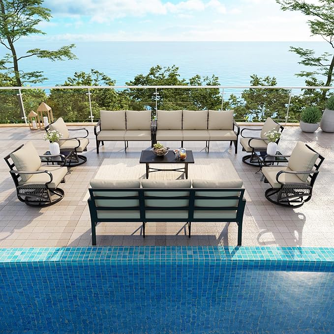 10 Pieces Patio Conversation Sets, All-Weather Metal Swivel Rocking Chairs with Rope Furniture Set, Outdoor Sofa Couch for Deck, Porch, Garden, Backyard, Poolside (Beige Cushions)