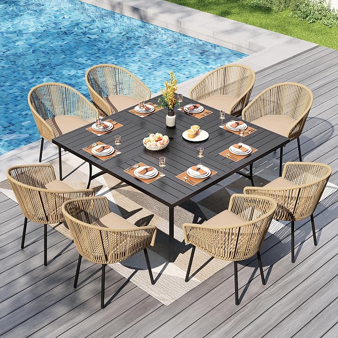 PHI VILLA 9-Piece Patio Dining Set, 57" Square Table, Wicker Chairs | Outdoor dining set for 8, Metal table with umbrella hole, Cushioned brown wicker chairs. Modern design for patio, deck, porch
